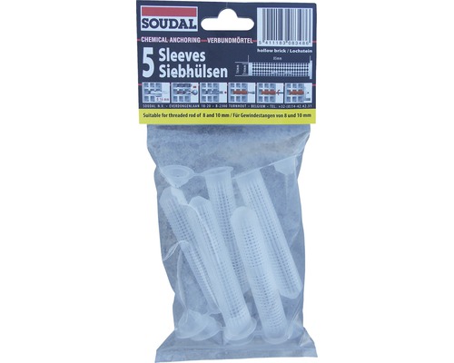 Set 5 dibluri SOUDAL pentru ancore chimice 130x850mm Pachet cu cinci manșoane sită marca Soudal pentru ancorarea chimică a tijelor filetate cu diametrul de opt și zece milimetri.