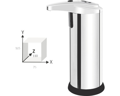 Dozator automat de săpun din oțel inoxidabil cu dimensiunile de 185 x 75 x 110 milimetri.