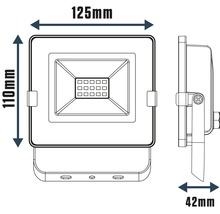 Desen tehnic al unui proiector LED cu dimensiunile de 125 mm lățime, 110 mm înălțime și 42 mm adâncime.