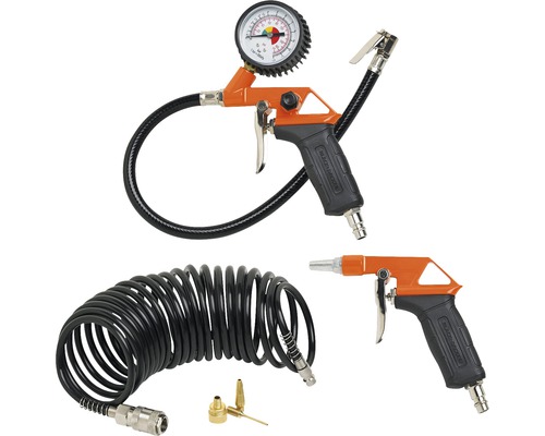 Set accesorii pentru umflat & suflat Black + Decker, 6 piese, pentru compresor Set pistoale cu aer comprimat cu manometru, furtun spiralat și accesorii