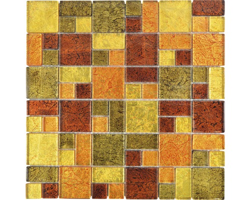 Mozaic sticlă XCM 8AL49 mix bronz/auriu/portocaliu 30x30 cm Placă de mozaic cu pietre de sticlă dreptunghiulare și pătrate