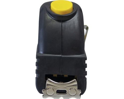 Capătul unui ruletă cu buton de blocare și clemă de curea