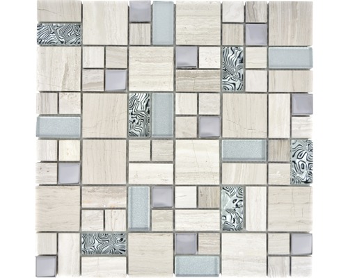 Mozaic sticlă-piatră naturală XCM MC599 alb-gri 30x30 cm Placă de mozaic din marmură, sticlă și gresie