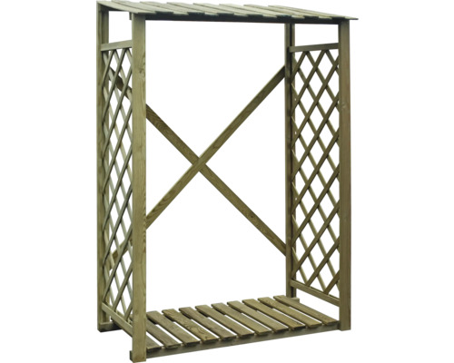 Raft de depozitare a lemnului cu acoperiș și structură de grilaj