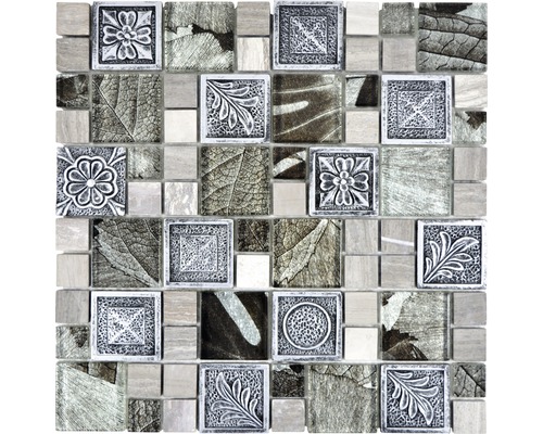 Mozaic sticlă XCM Niko80 argintiu cu ornament 30x30 cm Placă de mozaic cu model de frunze și flori