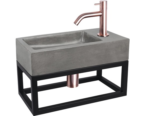 Chiuvetă cu bazin din beton, robinet și cadru metalic