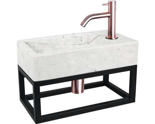 Chiuvetă cu blat de marmură, robinet și cadru metalic