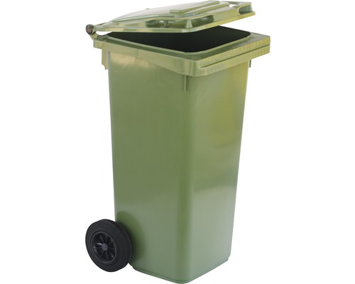 Pubelă verde cu roți și capac deschis