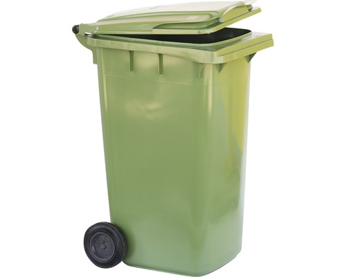 Container verde de gunoi cu roți și capac deschis