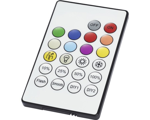 Telecomandă cu butoane pentru pornire/oprire, schimbare de culoare și reglare a luminozității