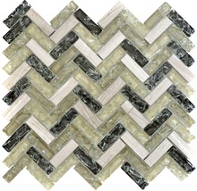 Mozaic sticlă-piatră naturală XIC HB1552 Fishbone gri-verde 26,3x29,3 cm