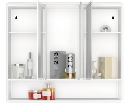 Dulap cu oglindă alb cu diverse articole de baie