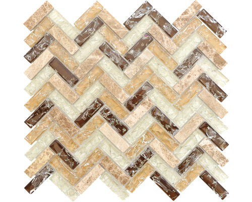 Mozaic sticlă-piatră naturală XIC HB1553 Fishbone mix maro 26,3x29,3 cm