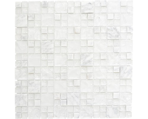 Mozaic sticlă-piatră naturală XIC K1411 alb 30,5x30,5 cm Placă de mozaic din marmură și sticlă pentru perete și podea