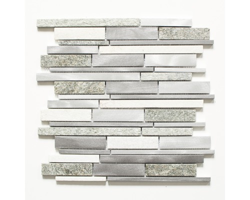 Mozaic piatră naturală-aluminiu XSA 535 argintiu 30x31 cm Placă de mozaic cu elemente din piatră, metal și sticlă