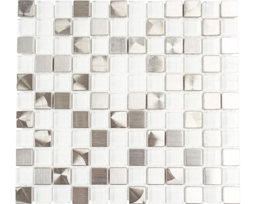 Mozaic sticlă-aluminiu XAM A841, mix alb-metal lucios 32,7x30,2 cm