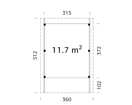 Plan cu dimensiuni și o suprafață de 11.7 metri pătrați