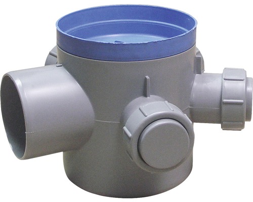 Sifon pardoseală polipropilenă VALROM 4 intrări Ø 40 mm 1 ieșire Ø 50mm H 120 mm Vedere de sus a unui sifon de pardoseală gri cu capac albastru
