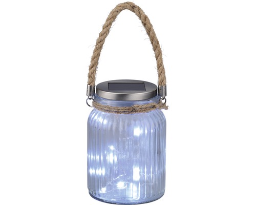 Lanternă solară cu design de borcan și mâner din sfoară