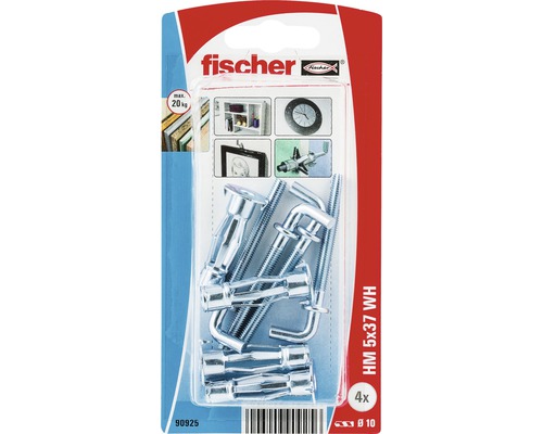 Ancore metalice cu cârlig Fischer HM Ø10x37 mm, filet metric M5, 4 bucăți, pentru perete fals