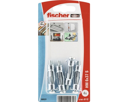 Ancore metalice cu șurub Fischer HM Ø12x37 mm, filet metric M6, 4 bucăți, pentru perete fals Ancore metalice cu șurub Fischer HM Ø12x37 mm, filet metric M6, 4 bucăți, pentru perete fals