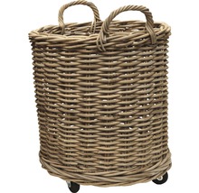 Coș de rufe rotund din ratan cu mânere și role