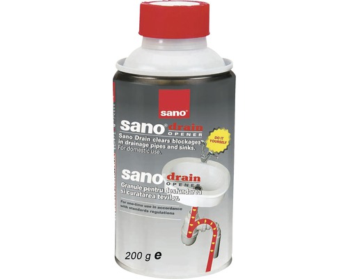Soluție desfundat țevi cu granule Sano Drain 200g Sano granule pentru desfundat țevi, 200 grame, pentru îndepărtarea blocajelor din țevile de scurgere și chiuvete