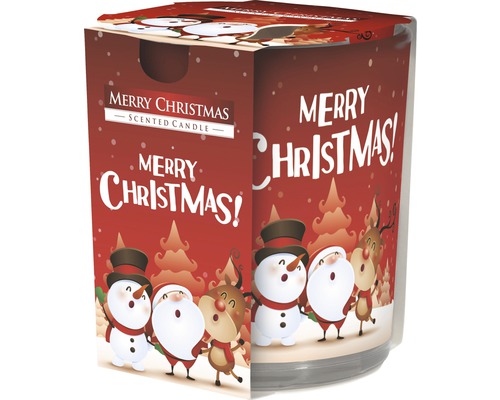 Lumânare parfumată cu motiv de Crăciun și inscripția Crăciun Fericit