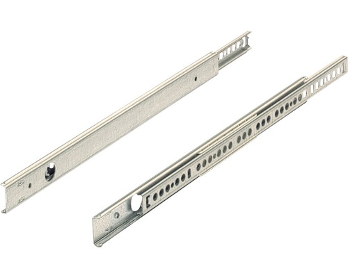 Două glisiere metalice pentru sertare cu găuri.