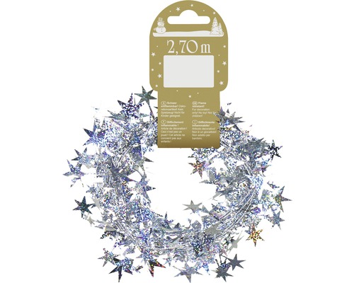Ghirlandă cu steluțe 270 cm argintiu cu sclipici Guirlandă argintie de stele din țesătură metalică, cu o lungime de 2,70 metri, pentru decorare