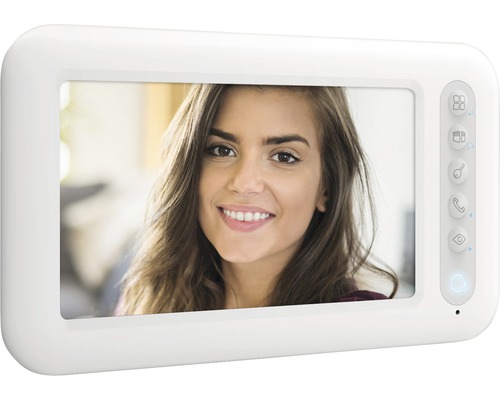 Interfon cu monitor și o persoană de sex feminin pe ecran