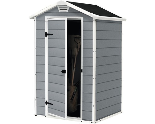 Dulap de grădină cu ușa deschisă pentru depozitarea uneltelor de grădină