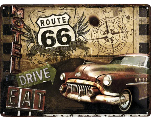 Placă decorativă din tablă cu motivul Route 66, busolă, mașină, motel și indicatoare