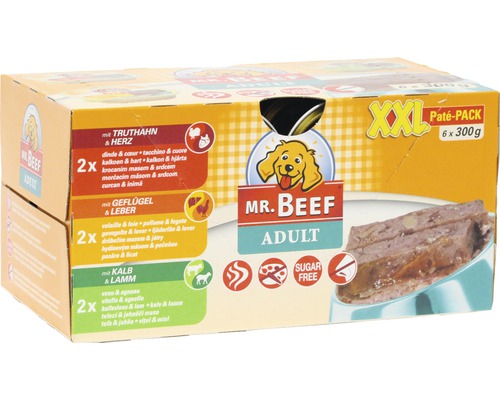 Hrană umedă pentru câini MR. BEEF Adult pate cu curcan și inimă/pasăre și ficat/vițel și miel 6x300 g-0