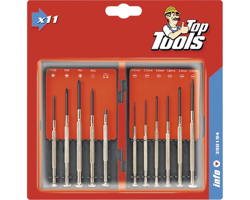 Set șurubelnițe de precizie Top Tools cu unsprezece piese într-o cutie de plastic