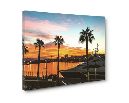 Imprimare pe pânză cu vedere la port la apus, palmieri și iahturi