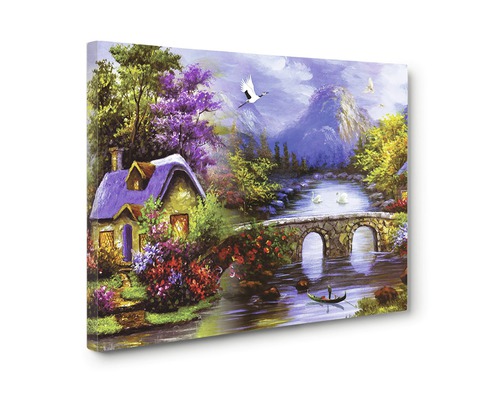 Pictură cu o scenă rurală cu casă, râu și pod