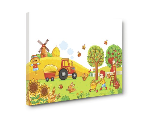 Imprimeu pe pânză cu scenă de fermă, incluzând tractor, moară de vânt și copii