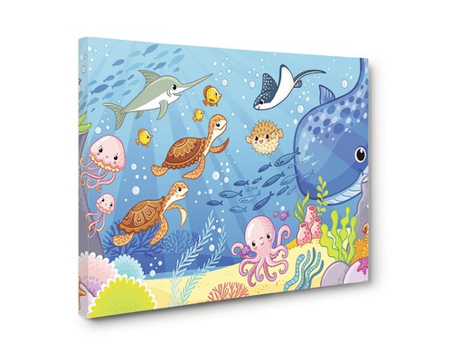 Tablou canvas cu motiv subacvatic, care prezintă diverse animale marine, cum ar fi țestoase, meduze și pești