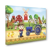 Imprimeu pe pânză cu motiv de fermă, tractor, animale și moară de vânt