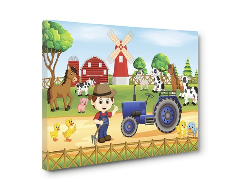 Imprimeu pe pânză cu motiv de fermă, tractor, animale și moară de vânt