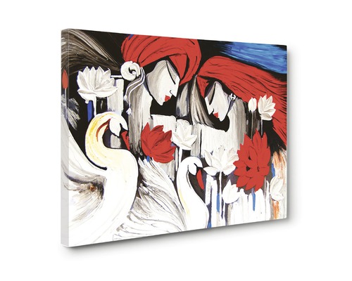 Pictură cu două femei, lebede și flori