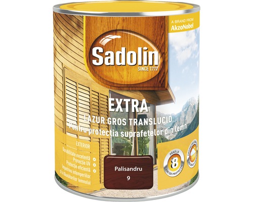 Lazură pentru lemn Sadolin Extra palisandru 0,75 l Lazură groasă translucidă Sadolin Extra pentru protecția suprafețelor din lemn, nuanța palisandru, 9