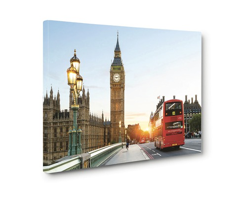 Tablou pe pânză cu vedere spre Londra, cu Big Ben și un autobuz roșu cu etaj
