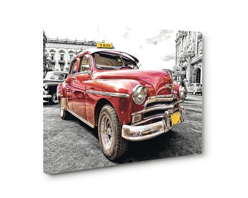 Pânză decorativă cu un taxi roșu de epocă în Cuba