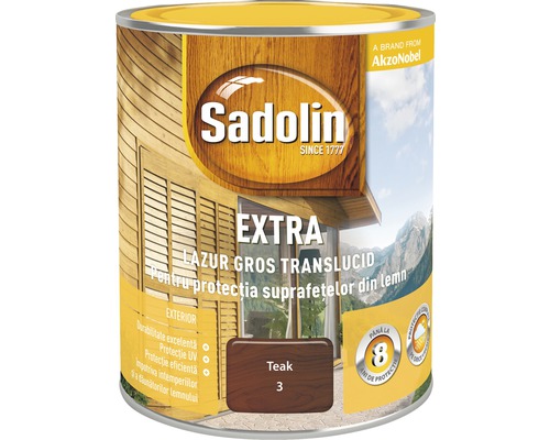 Lazură pentru lemn Sadolin Extra teak 0,75 l Cutie cu lazură groasă translucidă Sadolin Extra pentru protecția suprafețelor din lemn