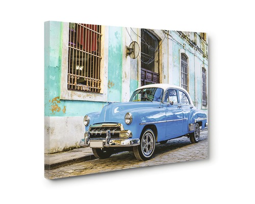 Tablou canvas cu o mașină de epocă albastră în fața unei clădiri