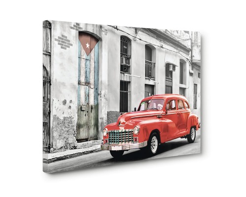 Tablou canvas cu mașină de epocă roșie și steagul Cubei