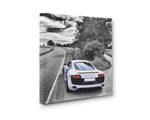 Imprimeu pe pânză cu fotografie alb-negru a unei mașini pe drum