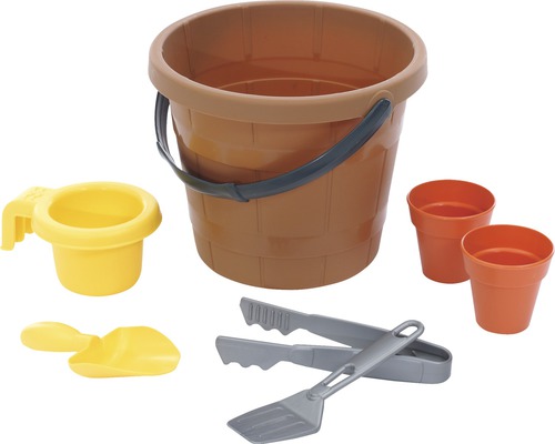 Set de nisipar cu găleată, lopată, cană, două ghivece de flori și clește pentru grătar